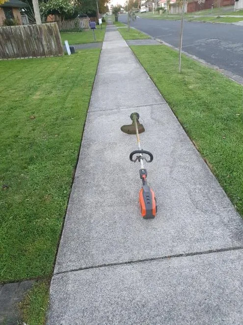 Trimmer on a concrete path next to a mowed lawn
